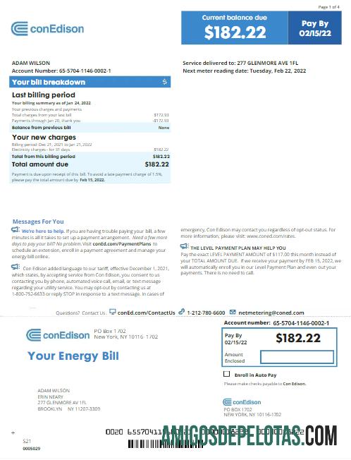 realista Modelo Word e PDF de projeto de lei de serviços públicos EUA NOVA YORK CONEDISON, versão 2
